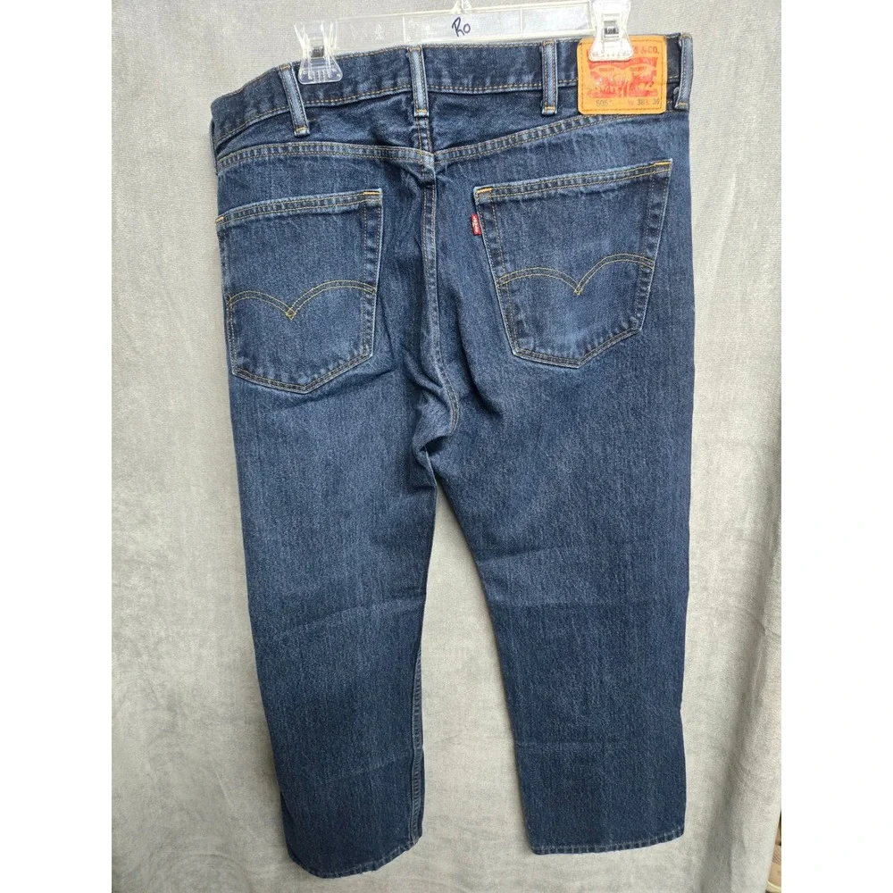 Levis 505 Regular Fit Jeans Mens 38x30 Dark Wash Blue Denim Distressed Straight